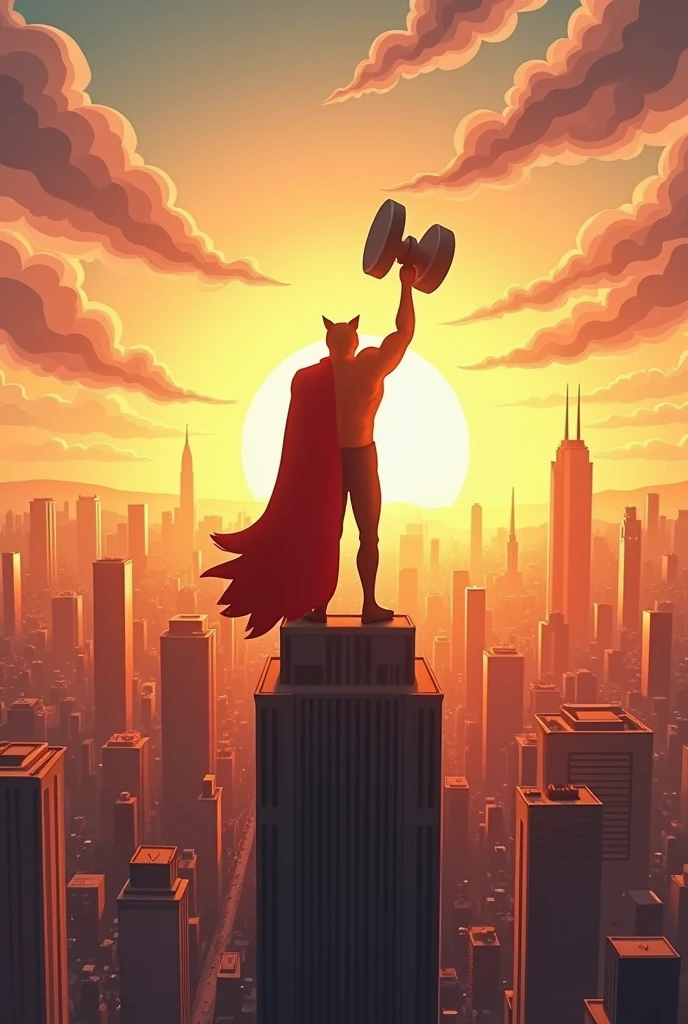 *Scene 12: Thorcat Saves the Earth**
- The city is restored, with Thorcat standing proudly on top of a skyscraper, hammer in hand, as the sun sets behind him. The sky is clear, and the people below cheer for their new hero.