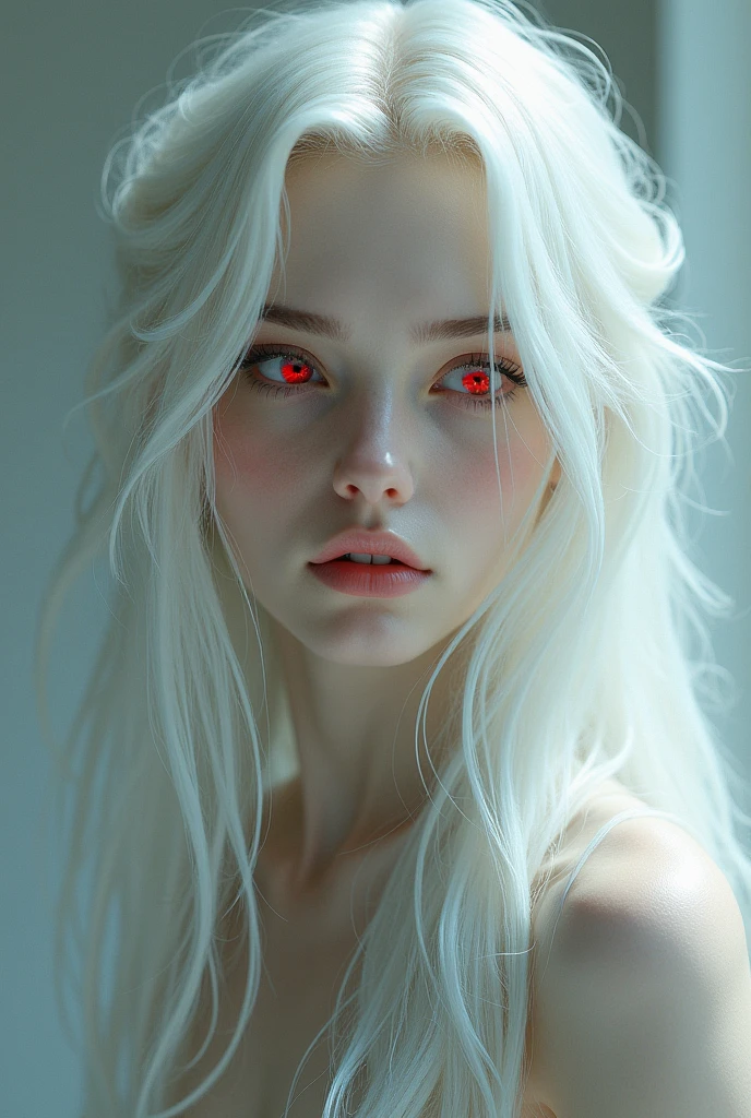 A beautiful woman with white hair and red eyes.