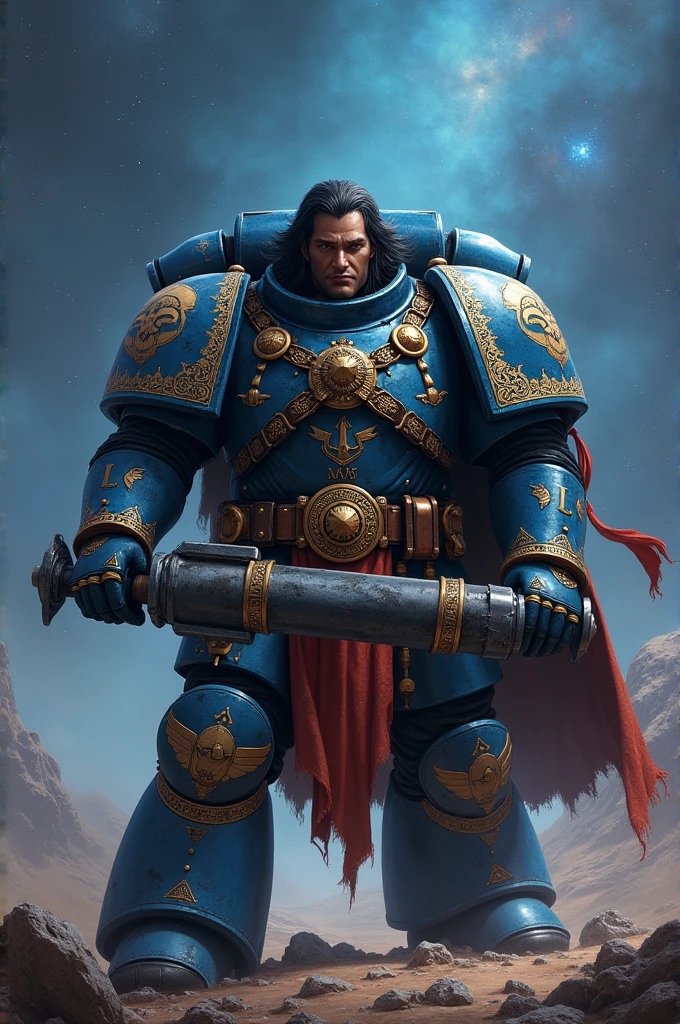 Man samoan long black hair space marine Warhammer 40k space wolves BLUE armor big gun