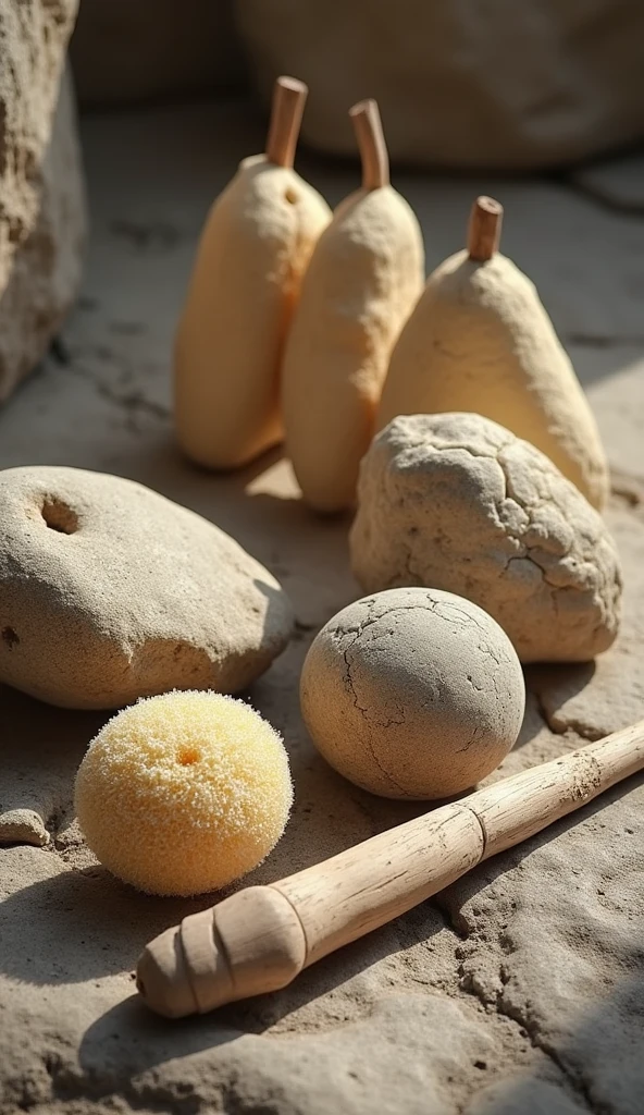 A close-up of old Greek hygiene tools. Stones and sponges on sticks are placed on a stone surface, with a focus on their textures and details.