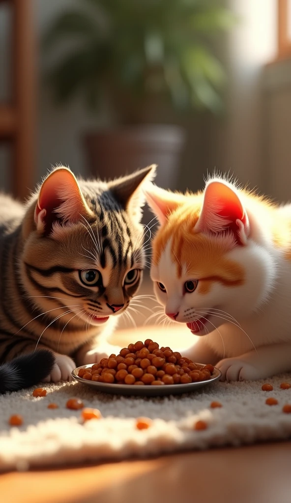 3d、Ultra HD、Side view、Digital Art、Three cats eating food at home