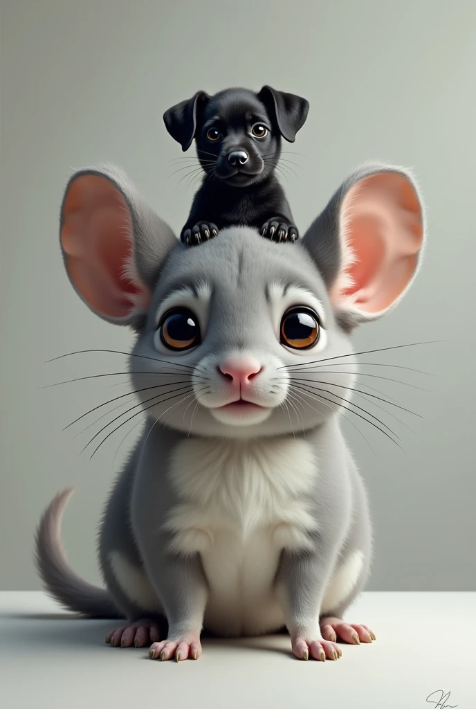 A gray chinchilla with a miniature black lab on its head