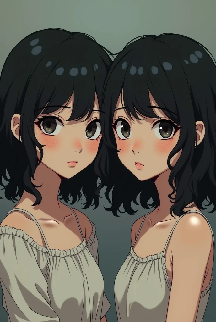 2 woman who is pretty , have black curly hair and the hair reaches a little below the shoulders , be cute and be an anime but at the same time look tired and with many dark circles and be skinny not curvy open your eyes don't sexualize her so much nooooooo I want to see her full body she's perfect like that but show her from the front not in profile please