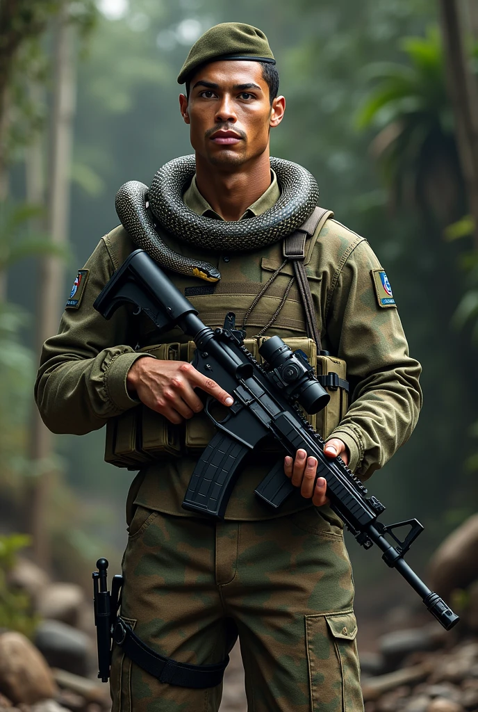 Cristiano Ronaldo in the camouflage uniform of the Paraguayan infantry (including the camouflage chapeu hat and a T65-k2 rifle) full body and a viper around the neck
