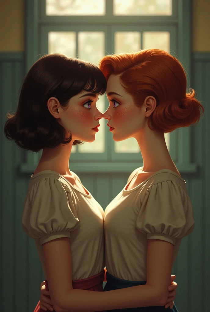 In 50s 1 teeneger girl lesbian, hair brown, eyes violet. Secret love for bully ginger girl, hair pixie cut, freckles, amber eyes. Scenario: school 50s