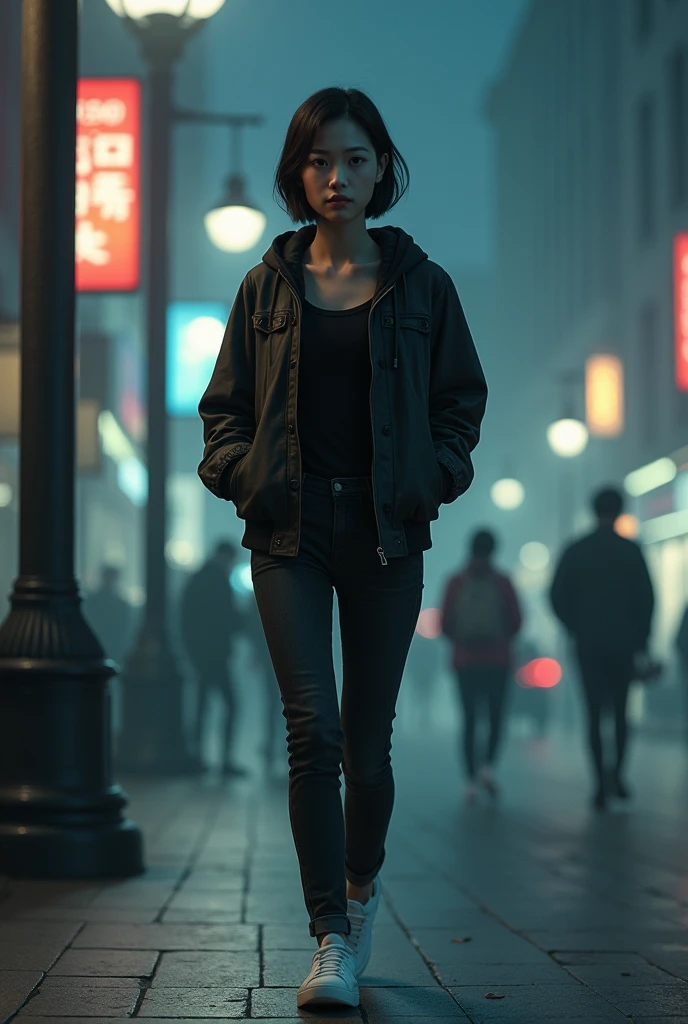 Young skinny Asian woman with neat short hair combed side, wearing black tshirt, leather jacket bomber with hoodie, black jeans and white sneakers. Walking on sidewalk, dramatical street lamp light, with misterious misty night cityscape, other Pedestrian is walk by at the distance. Other Pedestrians move make a motion blur effect, but high detail on main subject