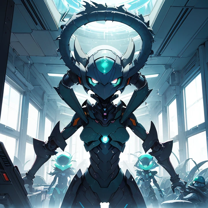 Absurdres,Impressionism, Abstractionism, Anime Style, Chaos, Character Design, Surrealism, HD, Best Quality, Masterpiece, High Details, High Resolution, alone solo character Amorphous alien creature, “scorn aesthetic”
{{(1Alien amorphous creature alien plantlike non-humanoid alien voyager:(genderless, it has two rounded heads, light-blue two short elastic necks, blue two left arms with green pincers, blue two right arms with green pincers, six blue chain-like-tentacles, six pale-white eyes on each head, six pale-white eyes in the body torso, greyish-blue block-like body torso),(innexpressive, wise behaviour, intelligent and wisdom demeanor, standing still but vigilant, investigating its own registers at the ship),(colorful space biomechanic-base interior, green rounded-cocoon computers, orange walls around the base, silver-white enlighted surrounding, giant windows with blue sky view))}}