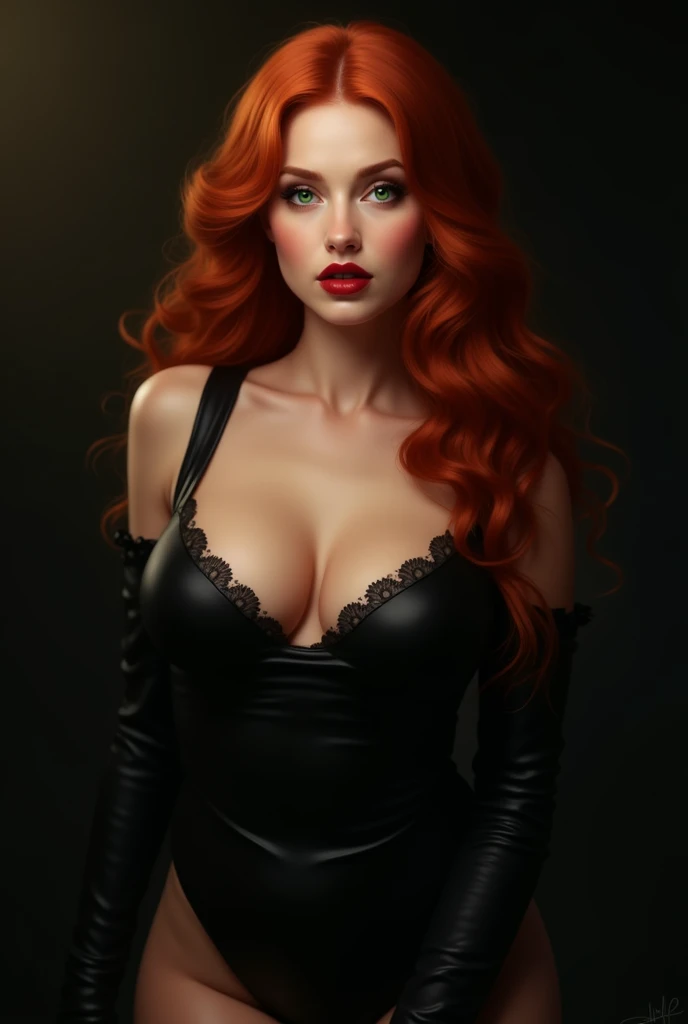 Create the image of a redhead woman with green eyes and big breasts wearing a low-cut black outfit
