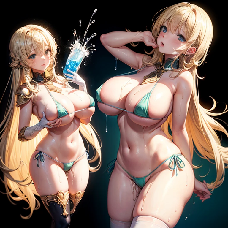 nsfw,[(Black background:1.4)::10],(Delicate and detailed), (Intricate details), (Cinematic Light, Top quality backlighting), Clear lines,  high school girl，Perfect body，(One girl),( Facial),（Blonde,),Blonde Eyes,(Huge breast chest),(belly button,(Whitebid liquid:1.3)+((同じ女性キャラクターをFrom the back撮る　))),model,((micro bikiniarmor:1.3),(Knee-high socks),(Your body is wet),The boy is naked,Women&#39;sles are very smallter design sheet, Character Reference Sheet, 設計図のSchematic, Drafting, Blueprint, Schematic, ((Character design sheet:1.7, Character Reference Sheet:1.7,)),From the back,In line,(whole body:1.5)、(Female characters are uniform in size),