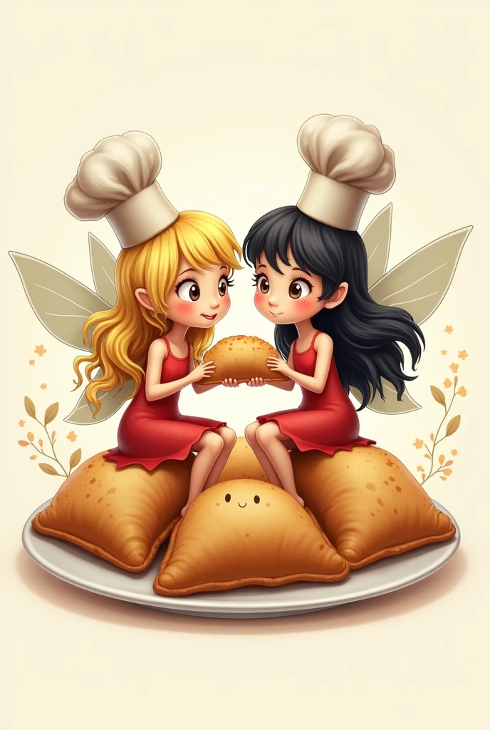 You made me an image for a logo of two fairies with two cooking hats, both fairies, and they are sitting on a plate of empanadas and they are passing one empanada to the other (that one fairy has blonde hair and the other has black hair) 