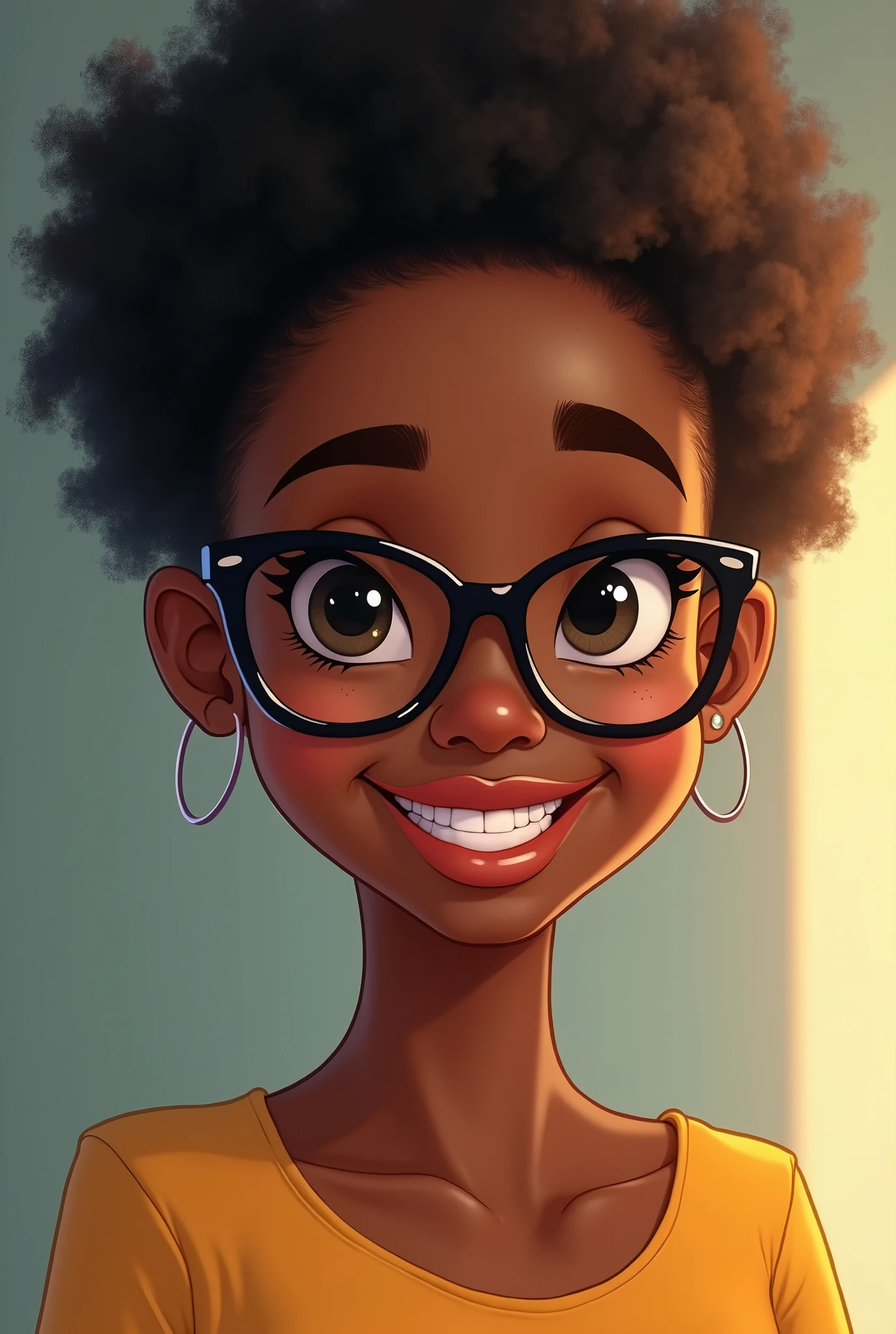  of a short black woman of a thin black woman, fine nose, wide smile, with glasses

