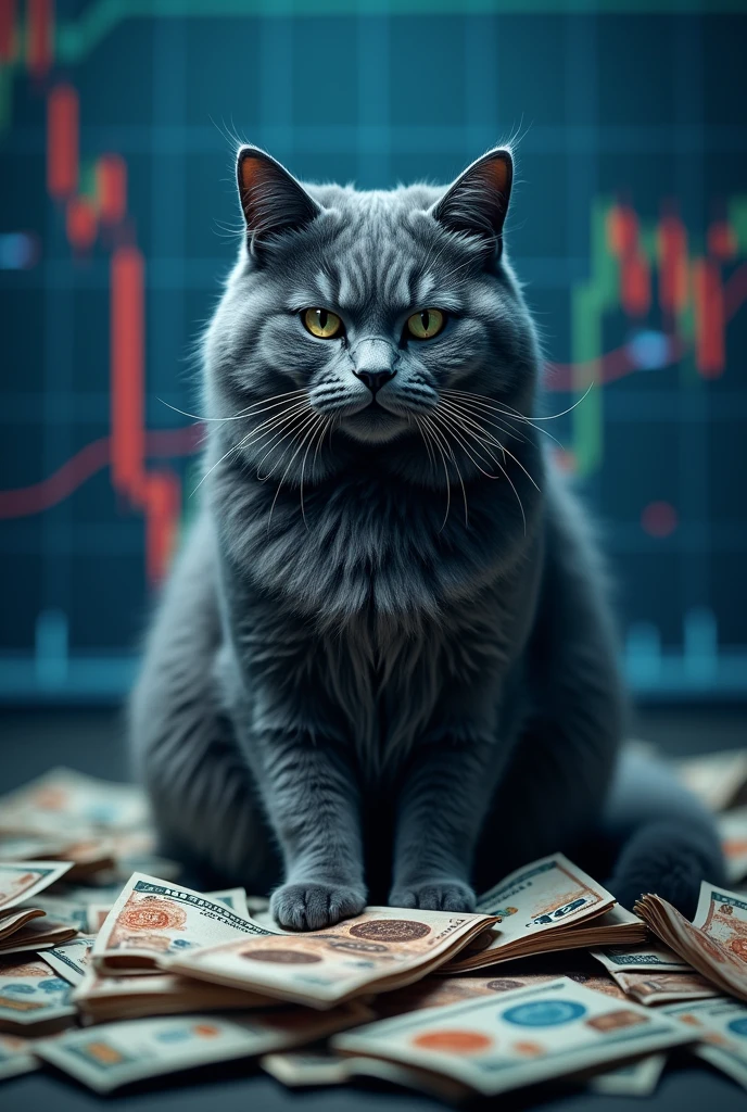 A thick gray cat has its eyes open on a pile of money and a blue and gray Forex chart background.

