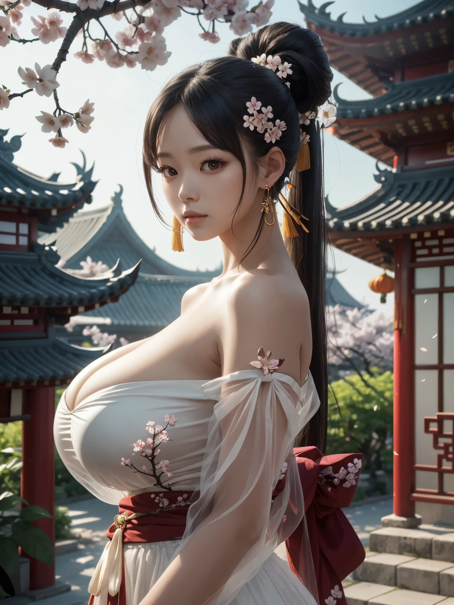 girl, standing, tree branch, from side, medium wide shot, off-shoulder strapless white (see-through:1.2) hanfu, flower embroidery trim, (gigantic breast:1.2), high ponytail hair updo, chinese hairpin, detailed face, (looking at viewer:1.4), cherry blossom, long earring, sharp focus, (tyndall effect:1.2), chinese temple, blurry background, bokeh, realism, beautiful, soft lighting, intricate details, warm colors, (full body:0.6),