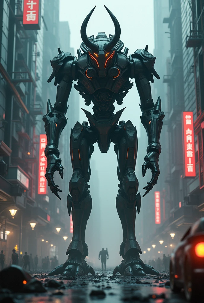 Dark cyberpunk scene with a giant mecha alien
