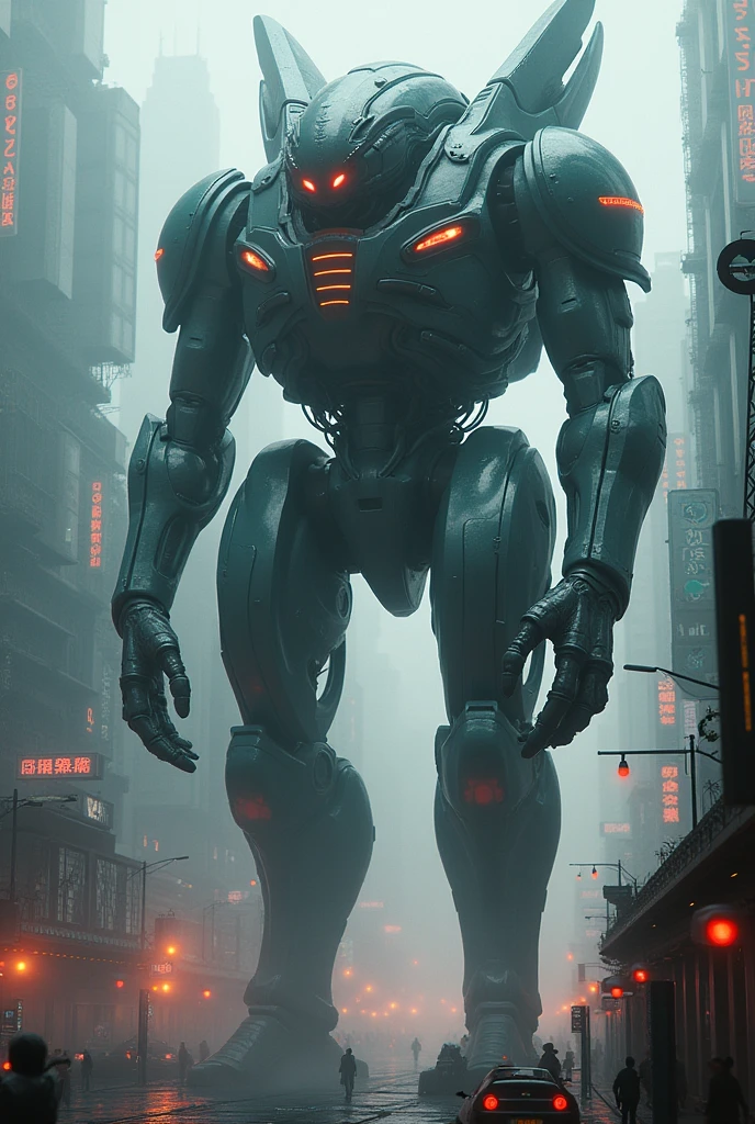 Dark cyberpunk scene with a giant mecha alien