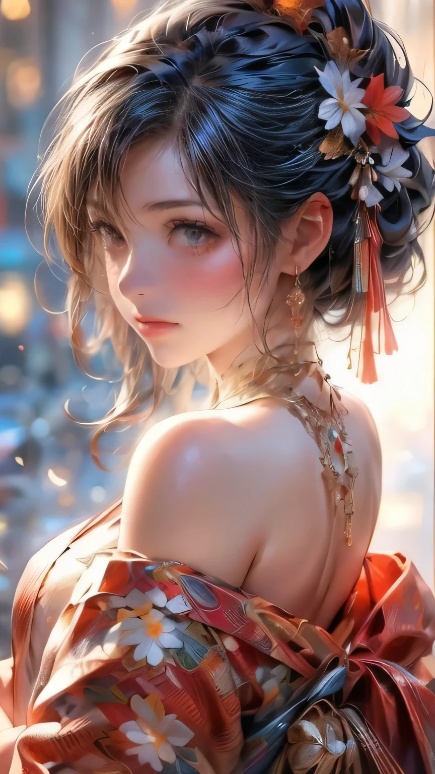 beautiful cute girl in open kimono, bare shoulder, bare breasts, middle-breasts,  detailed intricate kimono patterns, natural soft lighting, cinematic composition, beautiful detailed eyes, beautiful detailed lips, extremely detailed eyes and face, long eyelashes, bare breast, bare shoulder, navel, thigh, gorgeous girl, highly detailed, 8k, best quality, masterpiece, photorealistic, from side