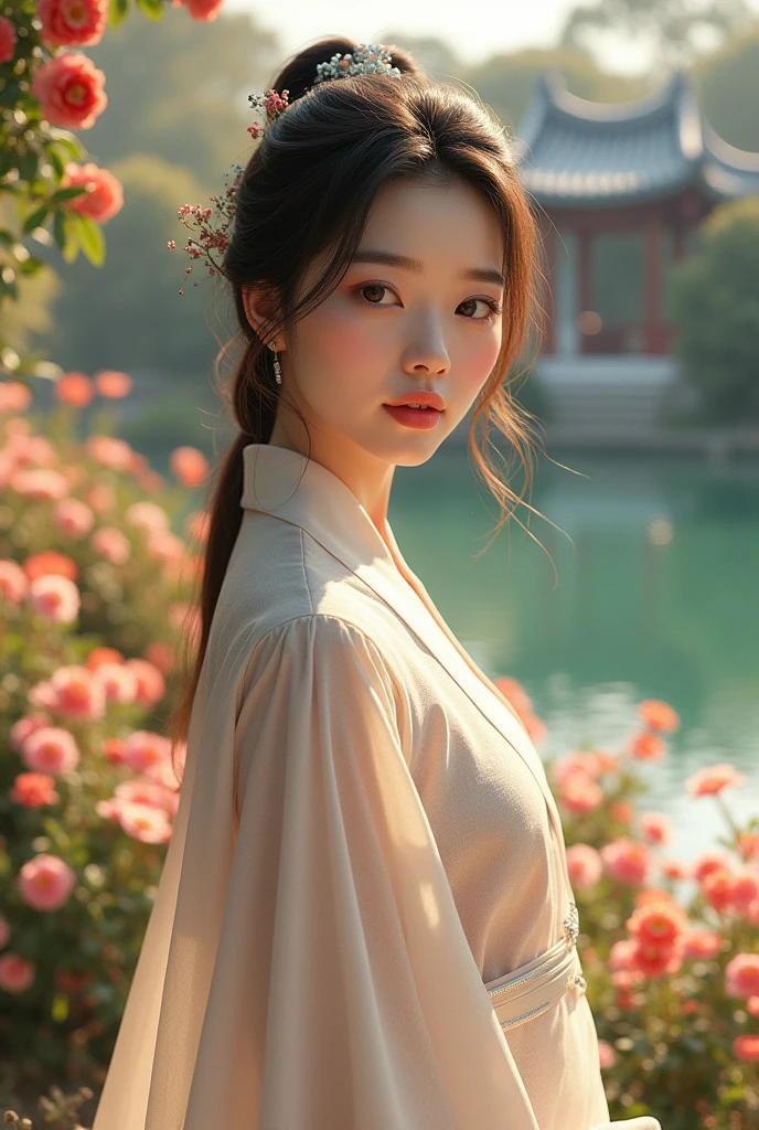 1girl,beautiful Korean girl,standing in front of garden flower and lake,Slovenia,girl wearing a white cloth transparant, beautiful scenery,intricate architecture,sunlight,warm colors,soft lighting,beautiful detailed eyes,beautiful detailed lips,extremely detailed eyes and face,longeyelashes,photorealistic,4k,8k,highres,masterpiece:1.2,ultra-detailed,realistic,photorealistic:1.37,HDR,UHD,studio lighting,ultra-fine painting,sharp focus,physically-based rendering,extreme detail description,professional,vivid colors,beautiful portrait