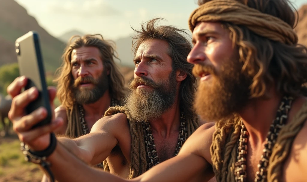 group of cavemen friends 100 years ago.000 years ago, holding a smartphone and taking a selfie, dinosaurs in the background, iphone-15, 