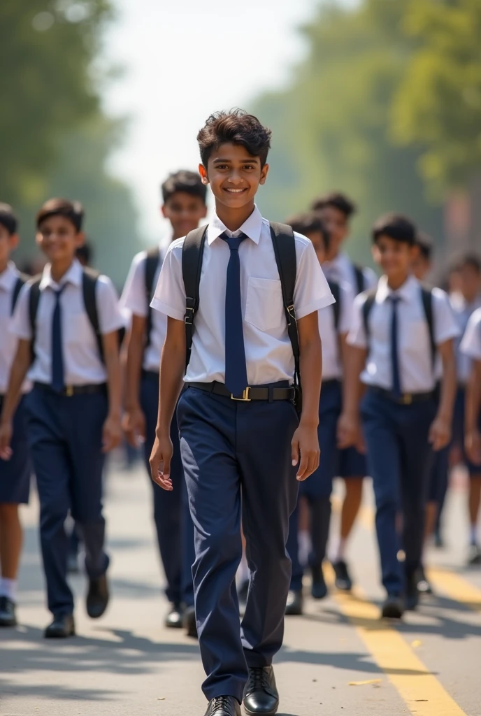 A indian school dress 14 year boy go to school with his friends