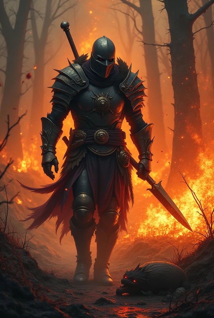 the warrior comes out of the forest, the monster is dead on the ground, dead monster in the background, the whole forest in the background is on fire