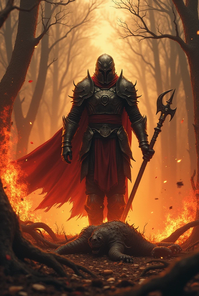 the warrior comes out of the forest, the monster is dead on the ground, dead monster in the background, the whole forest in the background is on fire