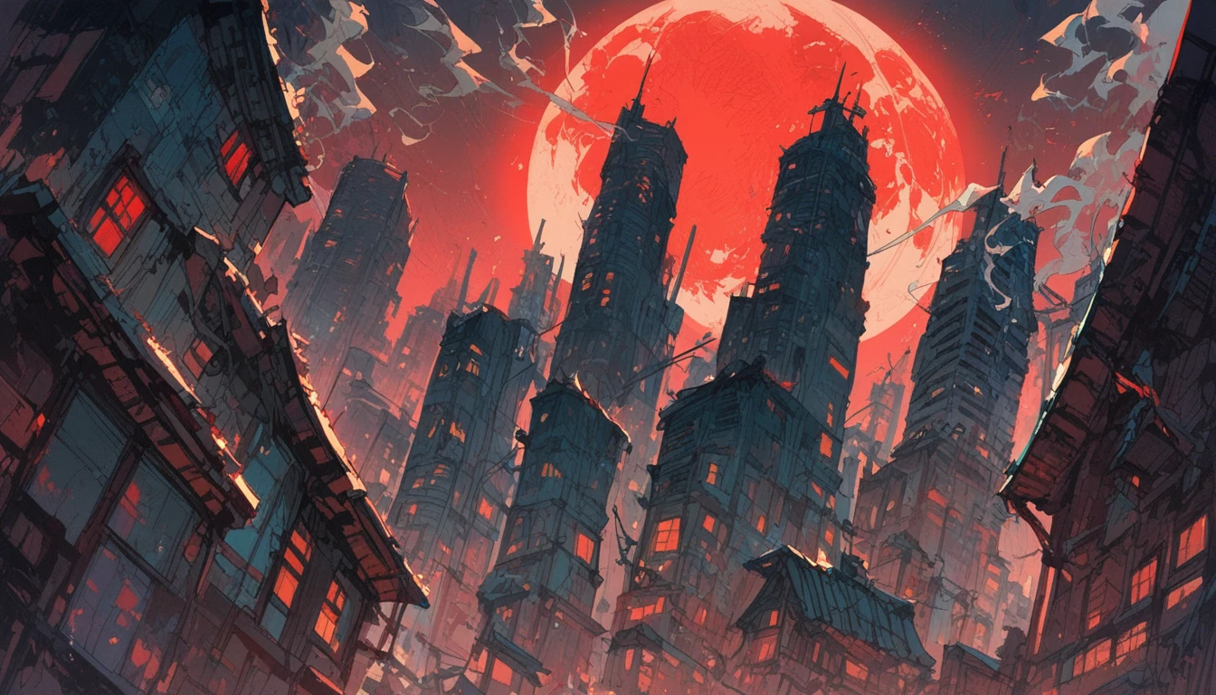 score_9, score_8_up, score_7_up, score_6_up, A city with red and blue buildings, smoke, and a red moon