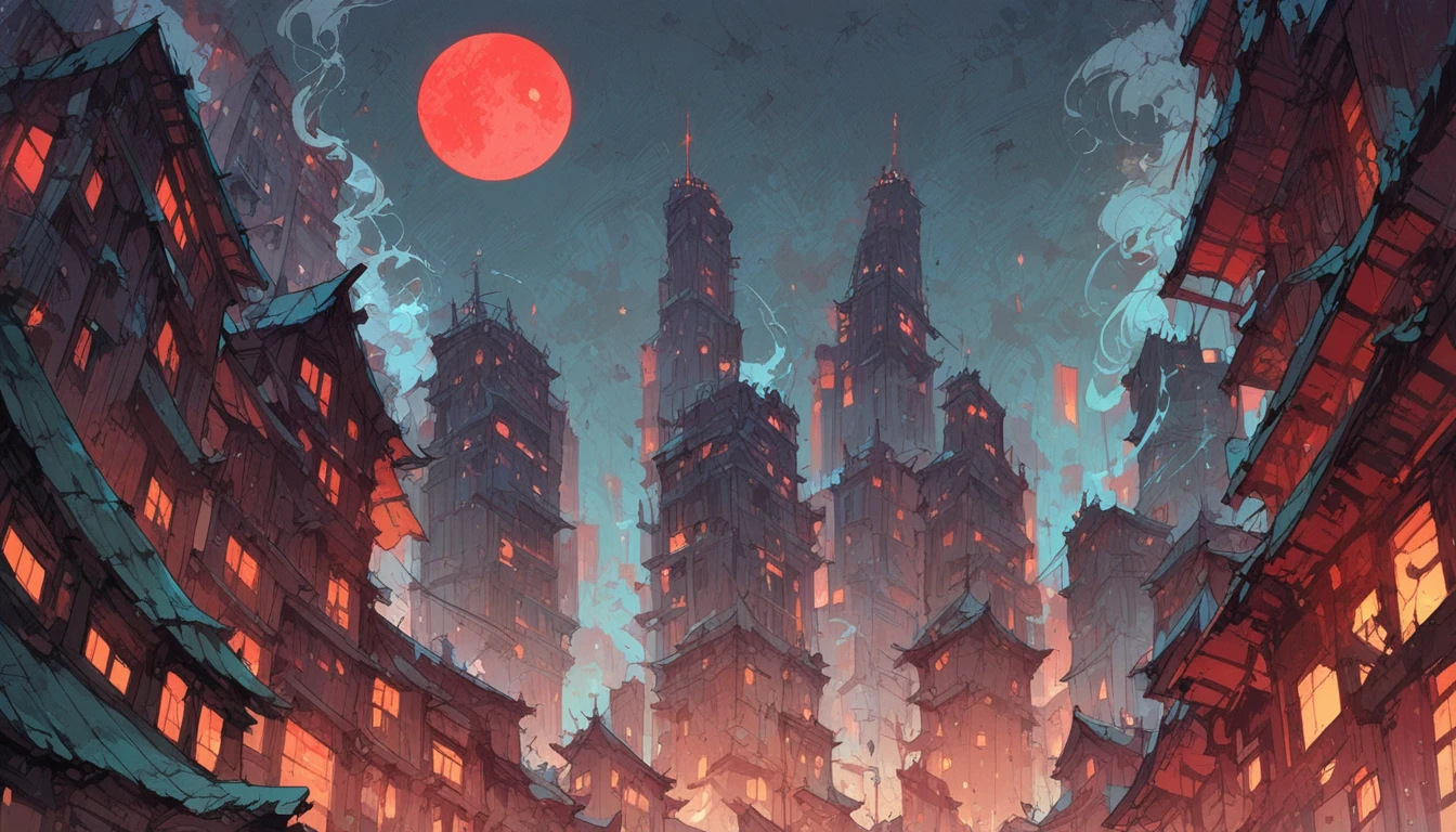 score_9, score_8_up, score_7_up, score_6_up, A city with red and blue buildings, smoke, and a red moon