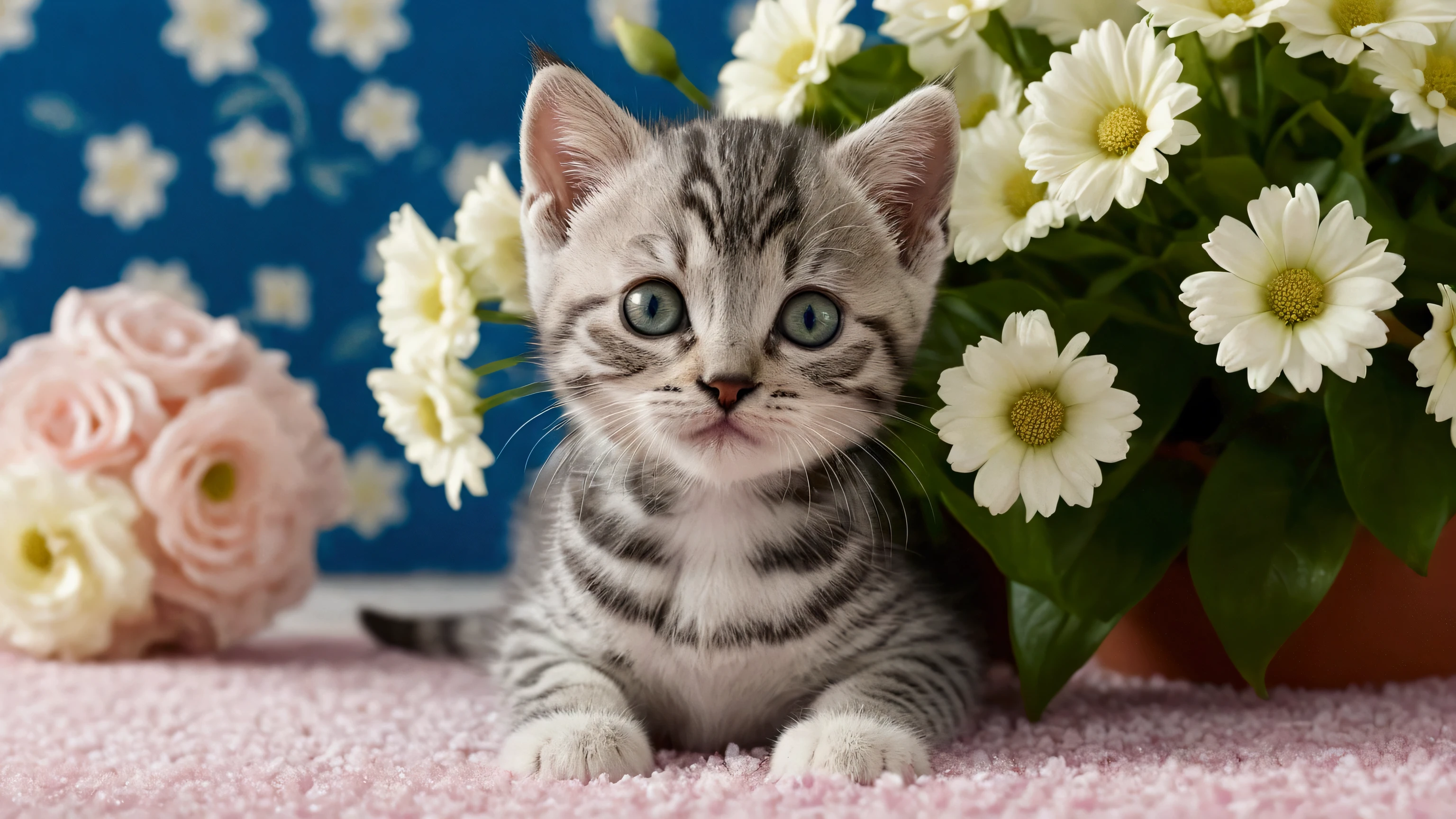 Create an ultra-high-definition, realistic photo featuring a front-facing close-up of an American Shorthair kitten. The adorable kitten is lying on a soft, light pink carpet with bright, curious eyes. Next to the kitten is a white flower pot with blue floral patterns, containing lush green plants.
