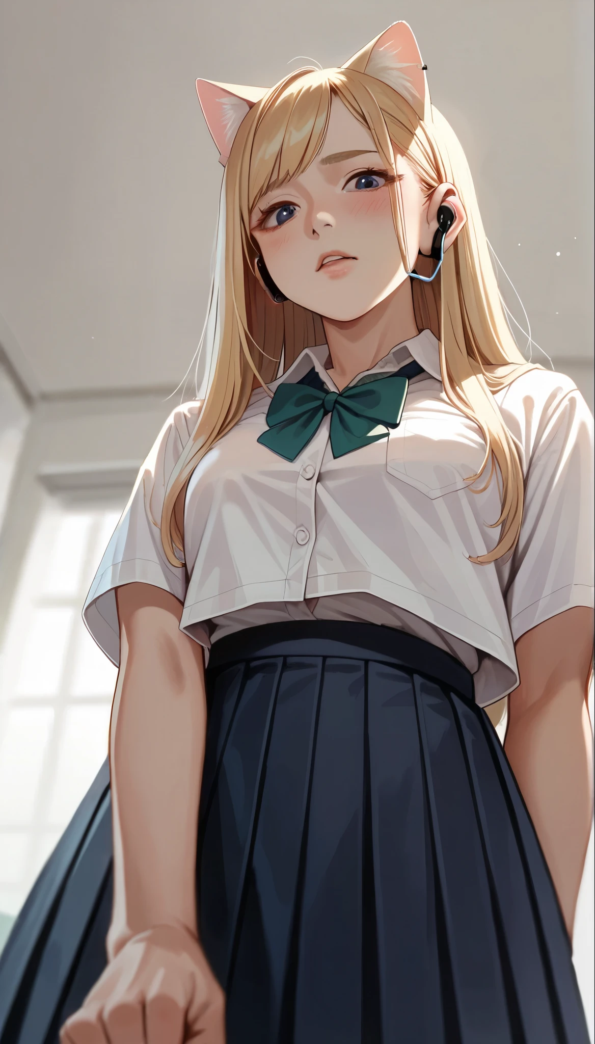 Standing, High resolution, Long Hair, chest, Blushing, Blonde, Cat ear, Blurred, earphone, school uniform, (from below:1.2)