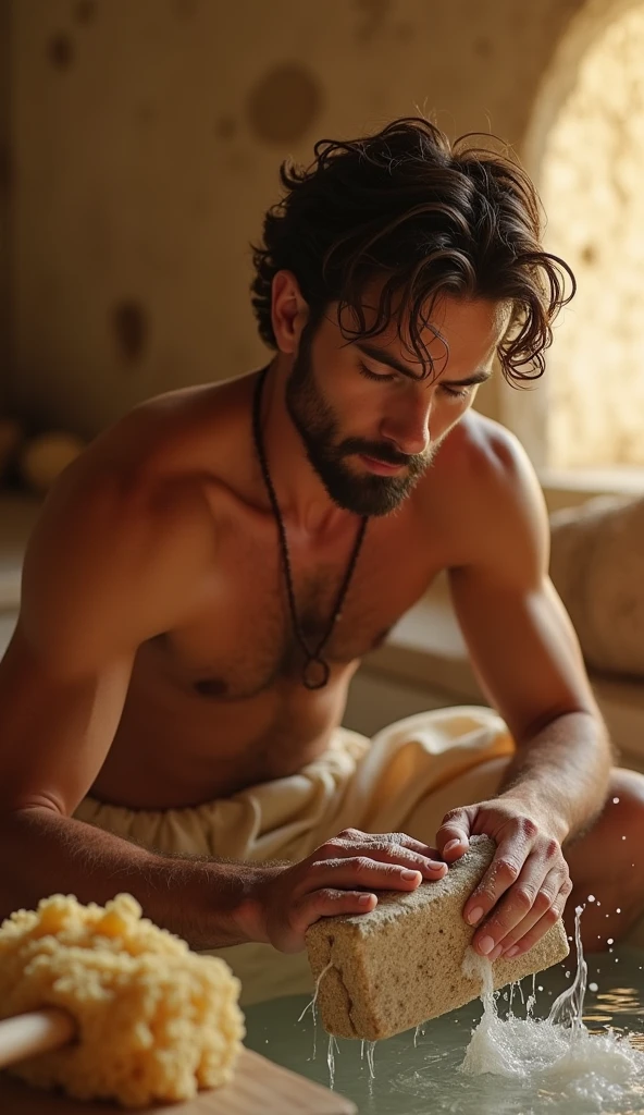 A person in an ancient Greek home using a stone to scrub their body, with a sponge on a stick nearby. The room has simple, rustic details with warm lighting.
