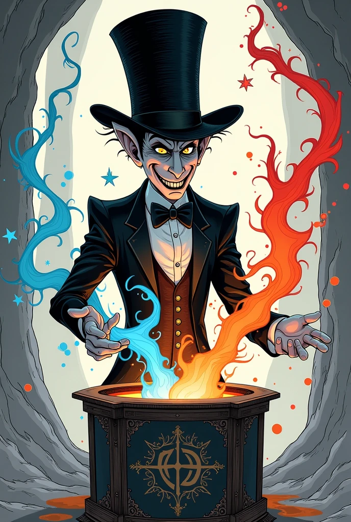 Illustration of a magician with a black and white top hat stealing the colors of the world and placing them inside a magic box