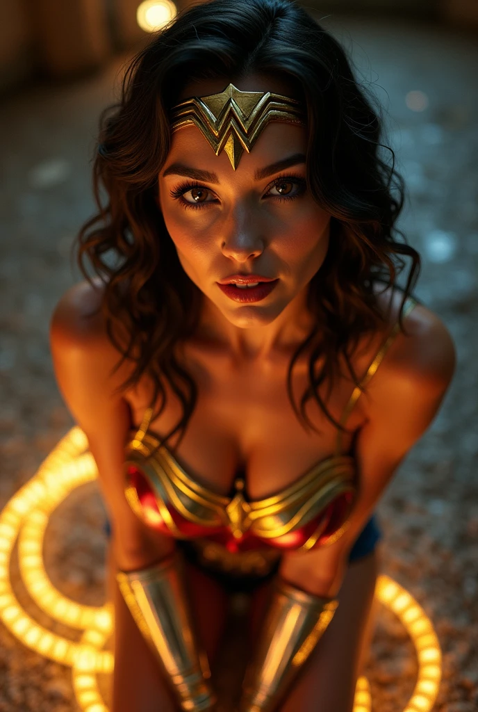 Wonder woman kneeling ties up naked with her golden lasso, the lasso is glowing a golden yellow, hands bound behind her back, high angle, fish eye lens, close up on face, beautiful, stunning, perfect eyes, glamour makeup, seductive, perky breasts