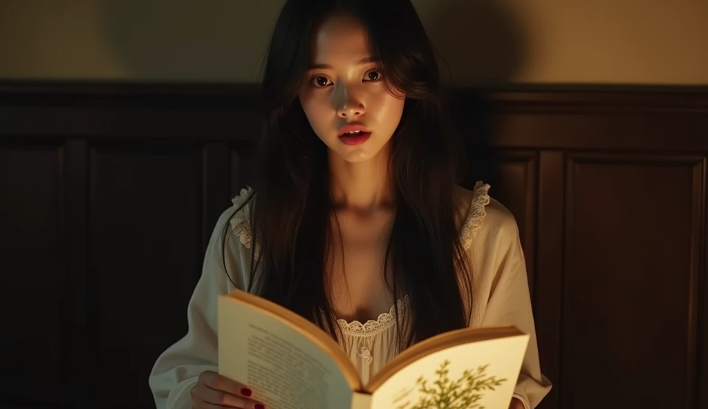 A highly cinematic photo featuring a young woman sitting in a chair, holding an open book. The woman has long, straight black hair that falls over her shoulders and back. She is wearing a white, loose-fitting dress with delicate white frills along the neckline, sleeves, and edges, which is tied at the waist with a ribbon. Underneath, she wears a white lacey top that is partially visible. The woman has light skin and large, expressive brown eyes, which are wide open in surprise or confusion. She is slightly turned towards the viewer, with her gaze directed upwards, and her mouth slightly open, as if caught mid-sentence. The background is dimly lit with warm lighting, with a dark wall and paneling, creating a contrast with her light-colored clothing and skin. The book in her hands is open to a page with text and some greenery illustrations, adding a sense of context to the scene
