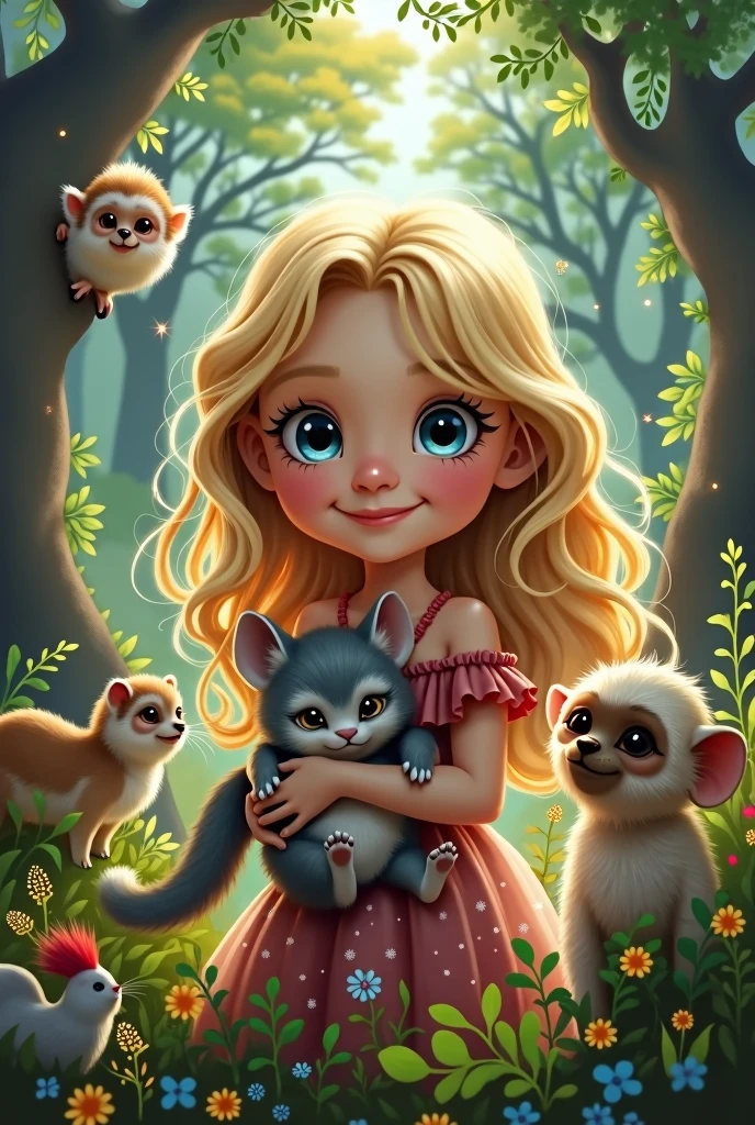create a blonde girl with blue eyes, holding a chinchilla and a capuchin monkey on her shoulder, with various animals around her, in a magical forest, in a painting., highlighted hair, blue eyes, wide eyes, smile, smiley, cheek to cheek, surprise box toy style, perspective