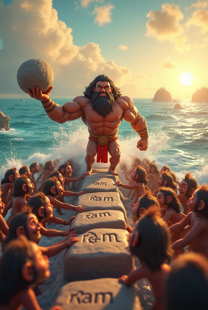 In cinematic 3d cartoon style “ "Vanaras Building the Bridge": Show the Vanara army, led by Hanuman, throwing large stones into the ocean with the name "Ram" inscribed on them. Illustrate the stones forming a bridge across the water.