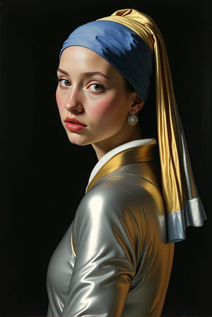 Creer de facon realiste le tableau de Johannes Vermeer qui est la jeune fille à la perle de Johannes Vermeer. Elle est habillée de la meme facon que le tableau original sauf que la matiere des vetement est en latex pvc vinyl brillant