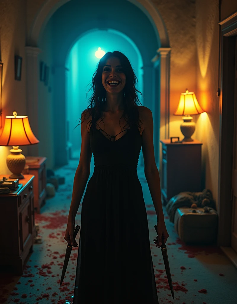 (horror movie aesthetic, eurohorror, fumetti comic book style, exploitation film style, retro, dim blue and orange diffused back lighting, cinematic lighting, Technicolor, volumetric lighting, lurid vivd colors, HD, 8x) Italy, old village, sexy evil nanny killing children, laughing, fear, pain, blood, blood spatter, dead bodies, ropes NSFW, wearing black dress, old lamps, dull yellow light, dead pets, blood, knives
