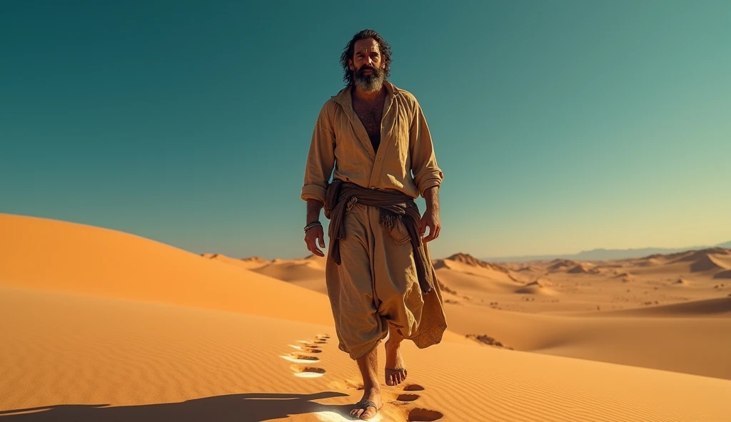Create a realistic image wher :A man in the middle of a desert, sweating and exhausted,suddenly stands tall, glowing with energy and purpose in the same desert, their footprints glowing as they take their first step toward a distant goal.