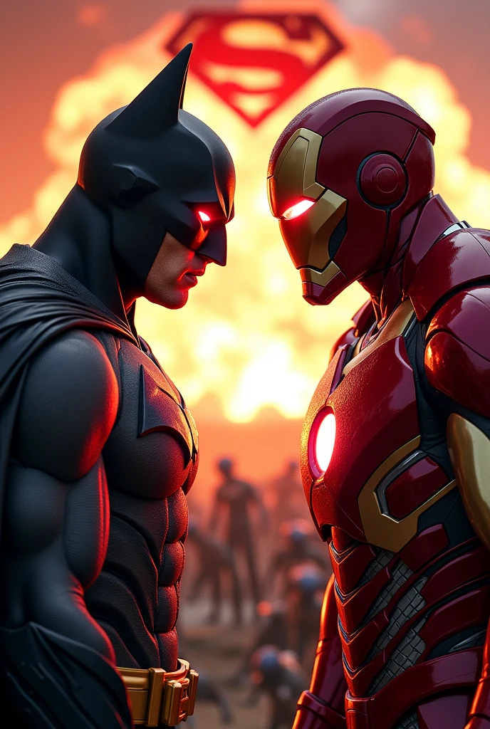 Batman vs Ironman face off. Make explosion and alines behind. And red eyes Superman flying in the middle in air. Little zoomed in. Batman redlight eyes and ironman eyes red light.