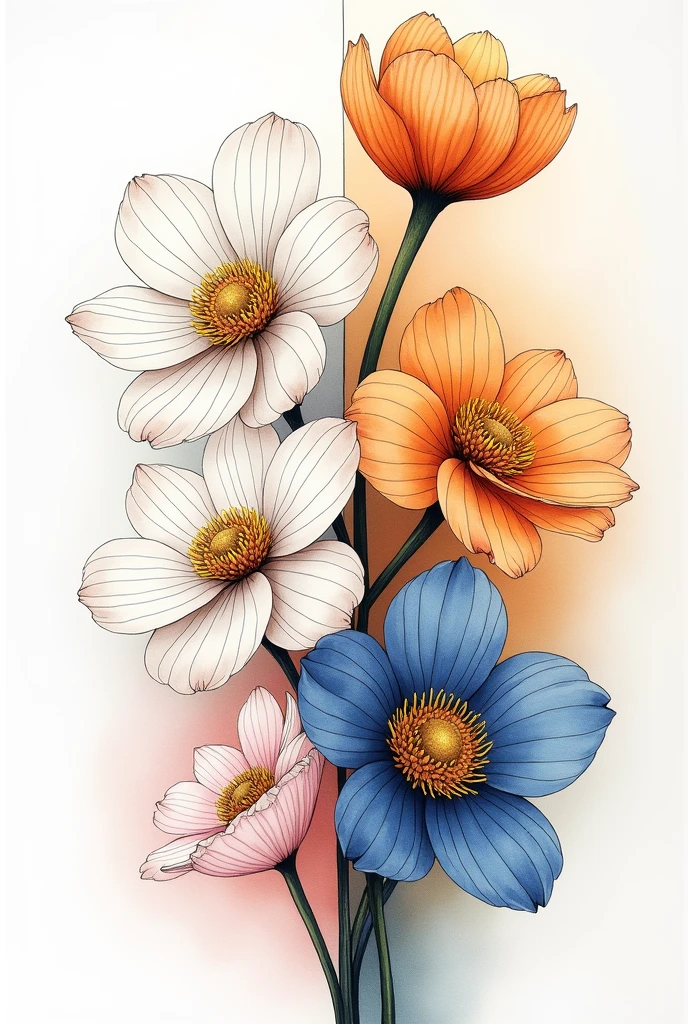 Create an illustration divided into two halves: the left half with flowers in a linear style, as if they were hand-drawn with clear outlines and fine details but in black and white; the right half with the same flowers, but in a painted style, full of vibrant colors and soft textures. The transition between the two halves should be smooth, harmonious and with a watercolor effect so that the transition is not noticeable


