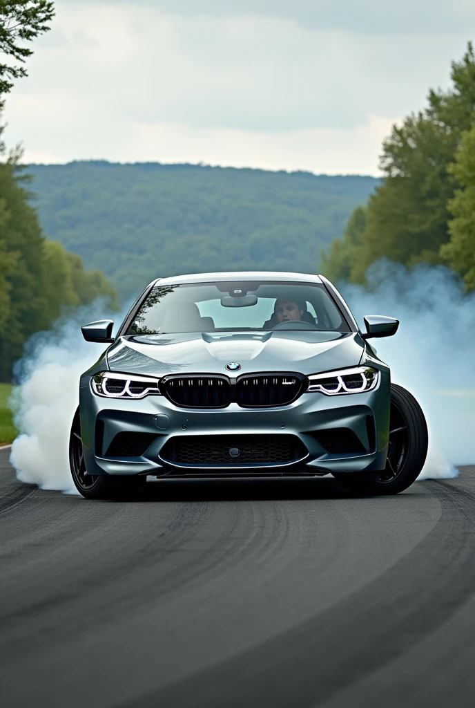 A man driving BMW and drifting the car. Nature