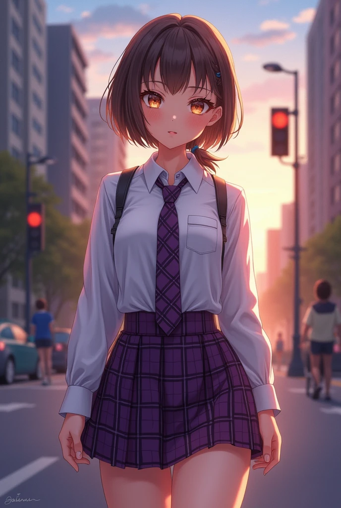 (masterpiece:1.3, top-quality, ultra high resolution, ultra detailed), (realistic, photorealistic:1.4), beautiful illustration, perfect lighting, natural lighting, depth of fields, portrait,
beautiful detailed hair, beautiful detailed face, beautiful detailed eyes, beautiful clavicle, beautiful body, beautiful chest, beautiful thigh, beautiful legs, beautiful hands, super detailed skin,
looking at viewer, (face focus, upper body), 1 girl, high school girl, , (perfect anatomy, anatomically correct), cute and symmetrical face, babyface, perfect face, perfect eyes,
(short hair, (low ponytail:1,2), light brown hair), crossed bangs, (gold eyes), slant eyes, big eyes, long eye lasher, (medium breasts, juicy thighs, attractive thighs, cleavage:1.0),
((detailed cloth texture, long sleeves white collared shirt, break, (purple) tie, break, (dark purple) plaid skirt, break, ), dark brown hair chouchou, finest underwear), dark blue school sheaths,
(beautiful scenery), evening, (sidewalk, traffic light), (walking), (seductive smile, upper eyes, parted lips),
