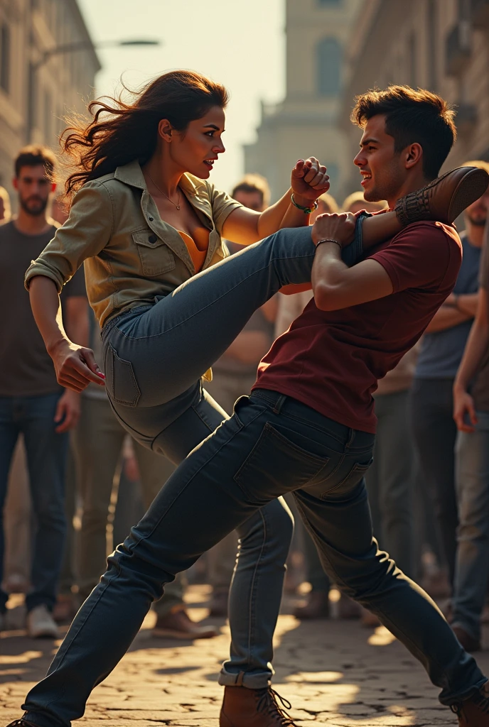 A woman kicking a young and handsome boy in the crotch very hard in front of a lot of people