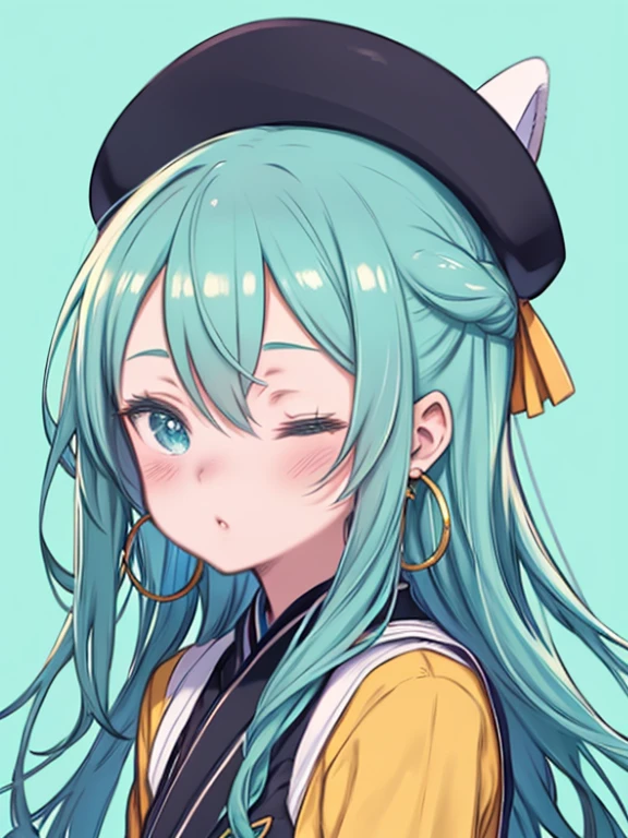 Ski Style, miku Havesune, masterpiece, Highest quality, One girl, blush, Aqua Eye, cap, Mouth closed, Earrings, Have, hoop Earrings, jewelry, View your viewers, shirt, Simple Background, alone, Upper Body, yellow shirt