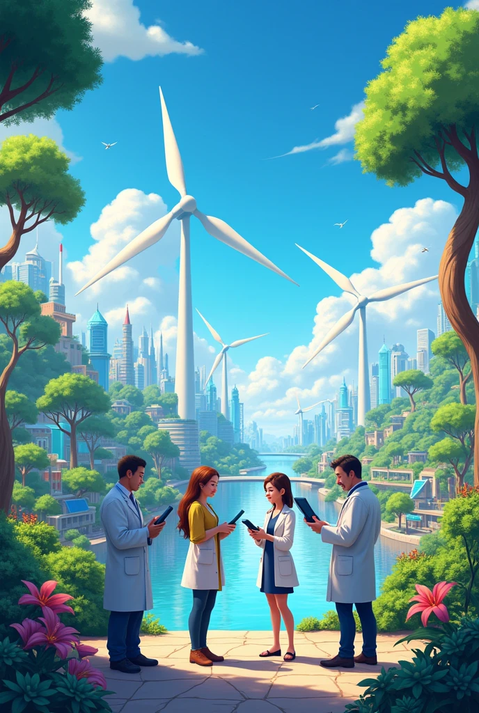 Design a vibrant and enchanting poster in a Disney-inspired art style with the theme 'Science, Technology, and Innovation: Partners for a Stable, Comfortable, and Secure Future.' turbines, solar panels, and a smart city with eco-friendly buildings. Show scientists and engineers working together, with diverse individuals using technology, like tablets or robots. Include elements like plants, trees, and clean water to symbolize environmental sustainability. Make the scene look hopeful and forward-looking, with bright colors and a clear blue sky, conveying a sense of progress and innovation leading to a better, greener future."