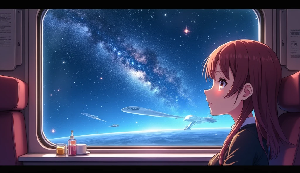 ((Highly detailed anime art)),View of space from the train window,Luxury Compartment,sf,colorful,Fantasy,star,Milky Way,milky way,Space Station,惑star,((masterpiece, Highest quality, Extremely detailed CG, unity 8k wallpaper )),(masterpiece, Highest quality, Highest quality, Official Art, beautiful),Very vivid,High-precision images,Ultra-high resolution,Great art,Poster Art,Impressive photos,Impressive art,beautiful顔,Perfect Face