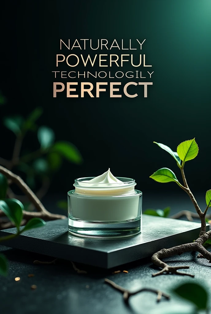 L'affiche pourrait présenter le pot de crème en verre posé sur une surface en métal brossé, symbolisant la modernité et la robustesse. Autour du pot, de fines racines ou des branches stylisées, en métal ou en bois, pourraient s’enrouler élégamment, symbolisant l’équilibre entre nature et technologie. Ces racines se fondraient progressivement dans le fond de l’affiche, où un dégradé de vert foncé à noir symboliserait la transition de la nature à la ville.
Le fond serait sombre, avec des touches de lumière verte ou bleu profond, évoquant une ambiance futuriste et masculine. Le texte pourrait être imprimé en lettres métalliques, avec un effet embossé ou texturé, pour accentuer la sensation de solidité et de haute technologie. Le slogan pourrait être quelque chose comme :
**"Naturellement puissant, technologiquement parfait."**
Le pot de crème, au centre, capturerait la lumière de manière subtile, renforçant l'idée que ce produit est à la fois un luxe et une nécessité pour l’homme moderne qui maîtrise son environnement.