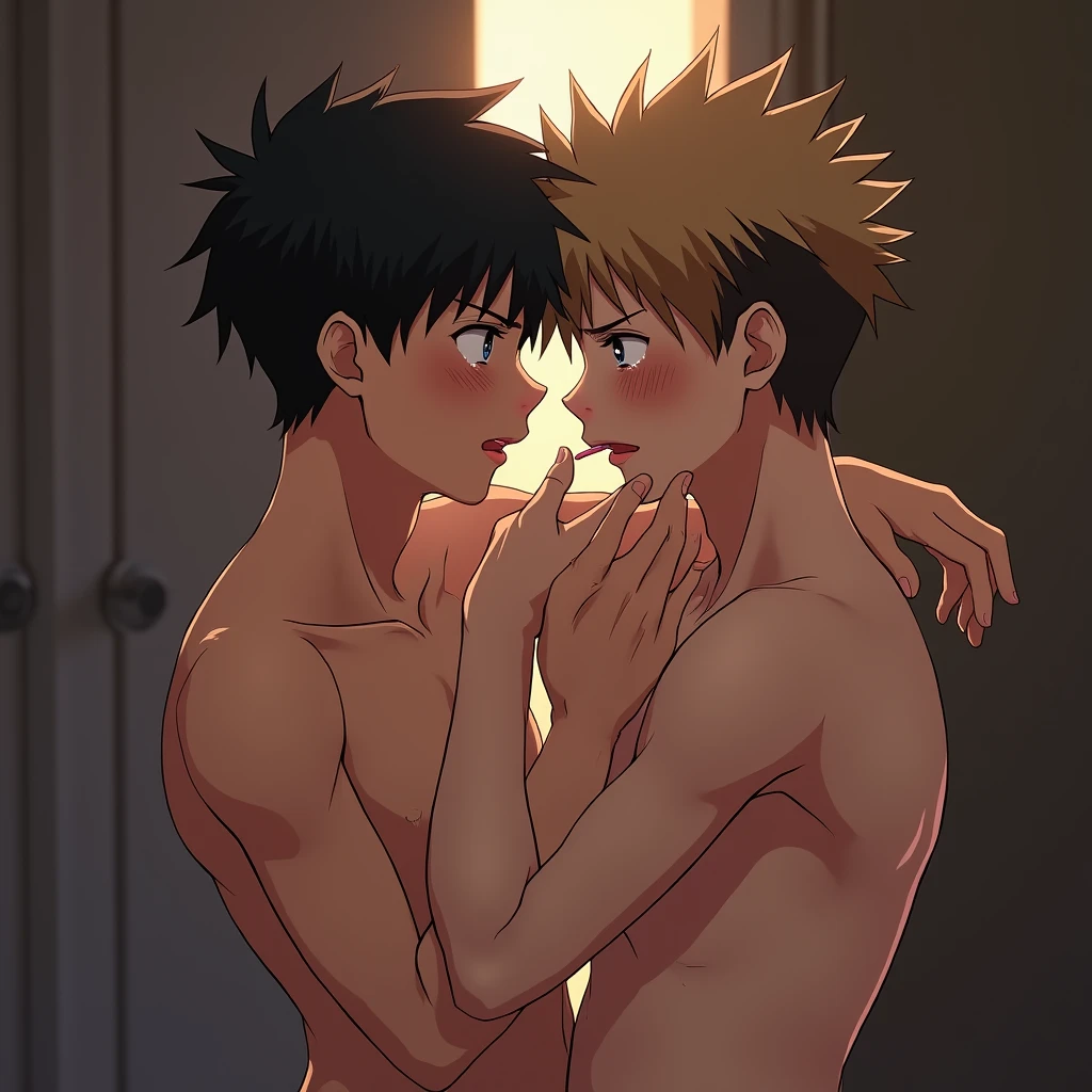 hinata shouyou x kageyama tobio, Blush, Tongue, Tongue Out, Crying, Sleepy, High Resolution, HD, 2 male, kissing, naked, anime