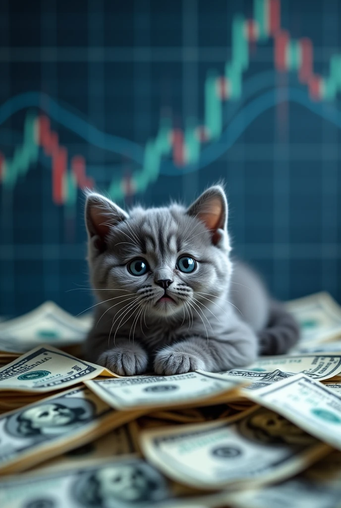 Cute gray cat opens its eyes on a pile of money and a blue and gray Forex chart background.