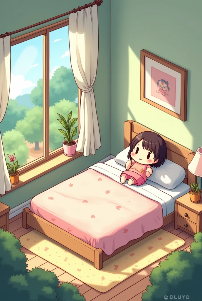 (masterpiece:1.2, Highest quality,Ultra-high resolution,Super detailed),8k,(wallpaper),(Best illustrations:2.0),(chibi bedroom : 2.0),(bedroom ,Very simple design),(isometric illustration) lofi, cozy, Studio ghibli style ,pastel tones, landscape
